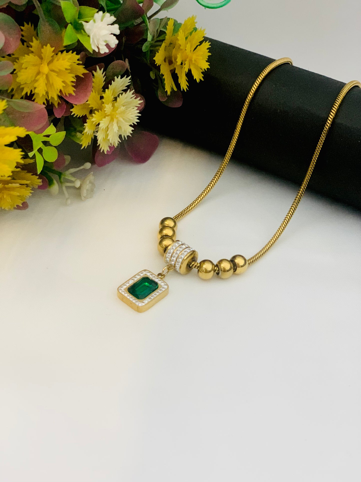 Emerald Green Pendant Necklace - Stainless Steel