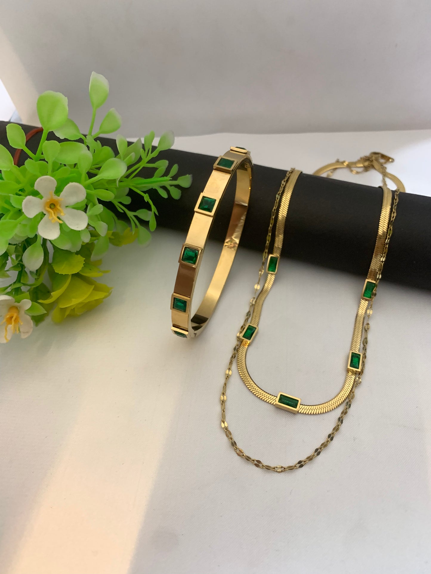 Emerald Green Bracelet and Necklace Set - Stainless Steel