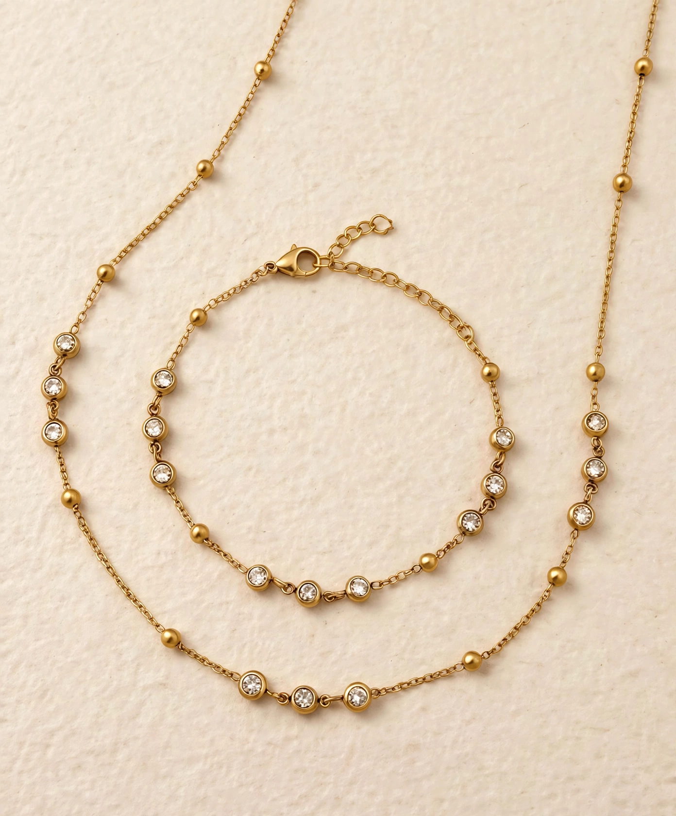 Stella Bezel Dot Chain Set - Gold Necklace & Bracelet with Crystals | MS Jewelry