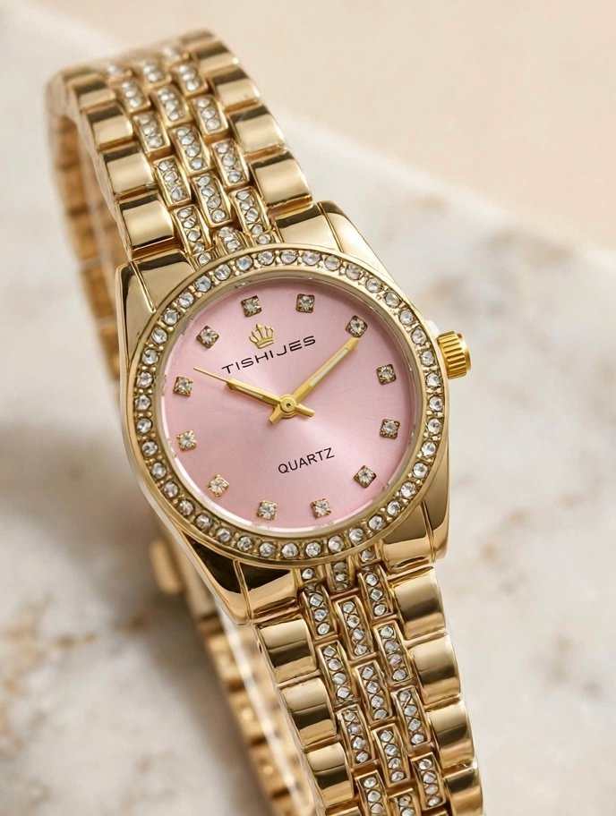 Pink Crystal Gold Watch TishiJes