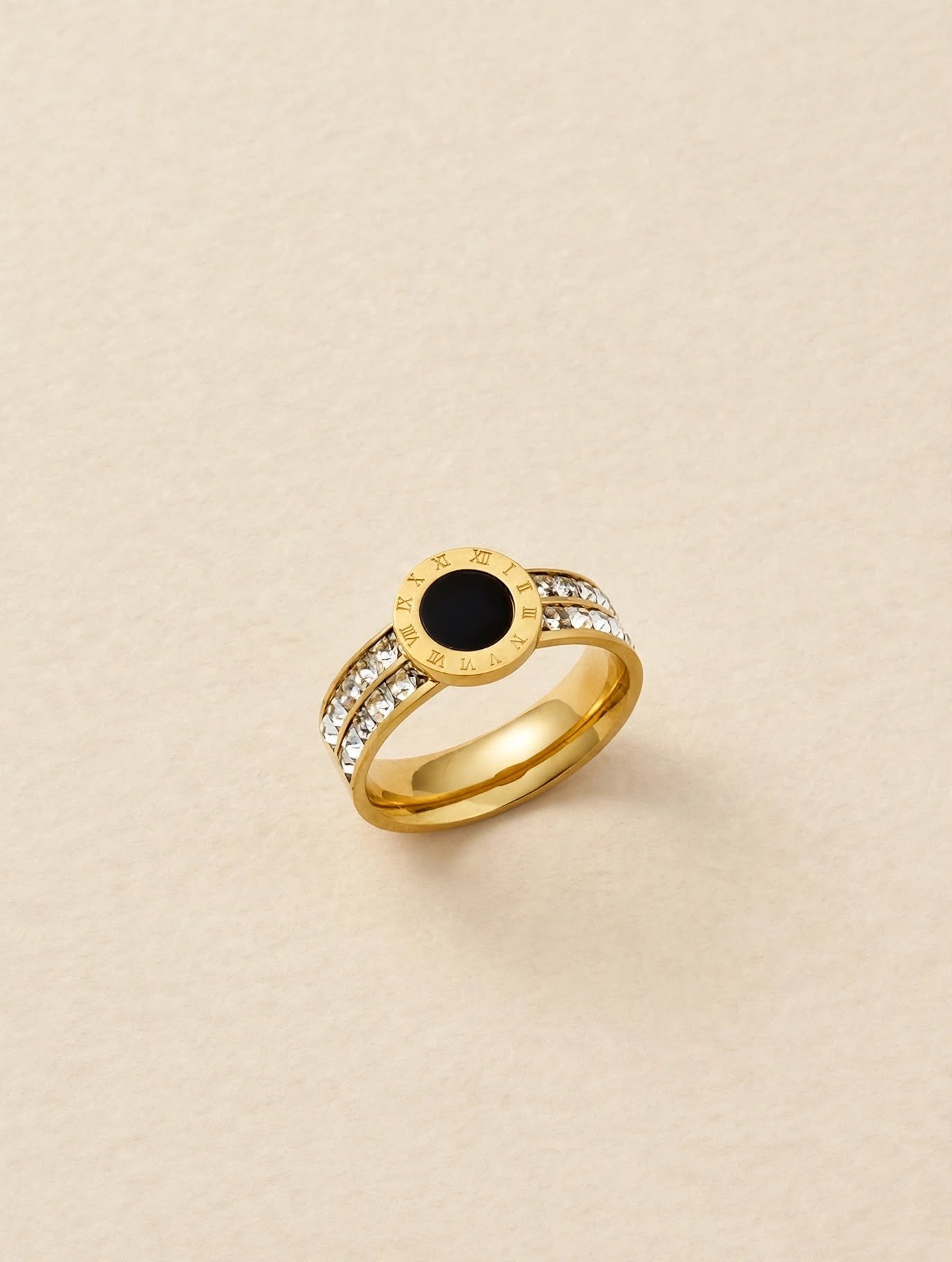 Noir Roman Ring - Black Onyx with Roman Numerals & Crystal Band | MS Jewelry