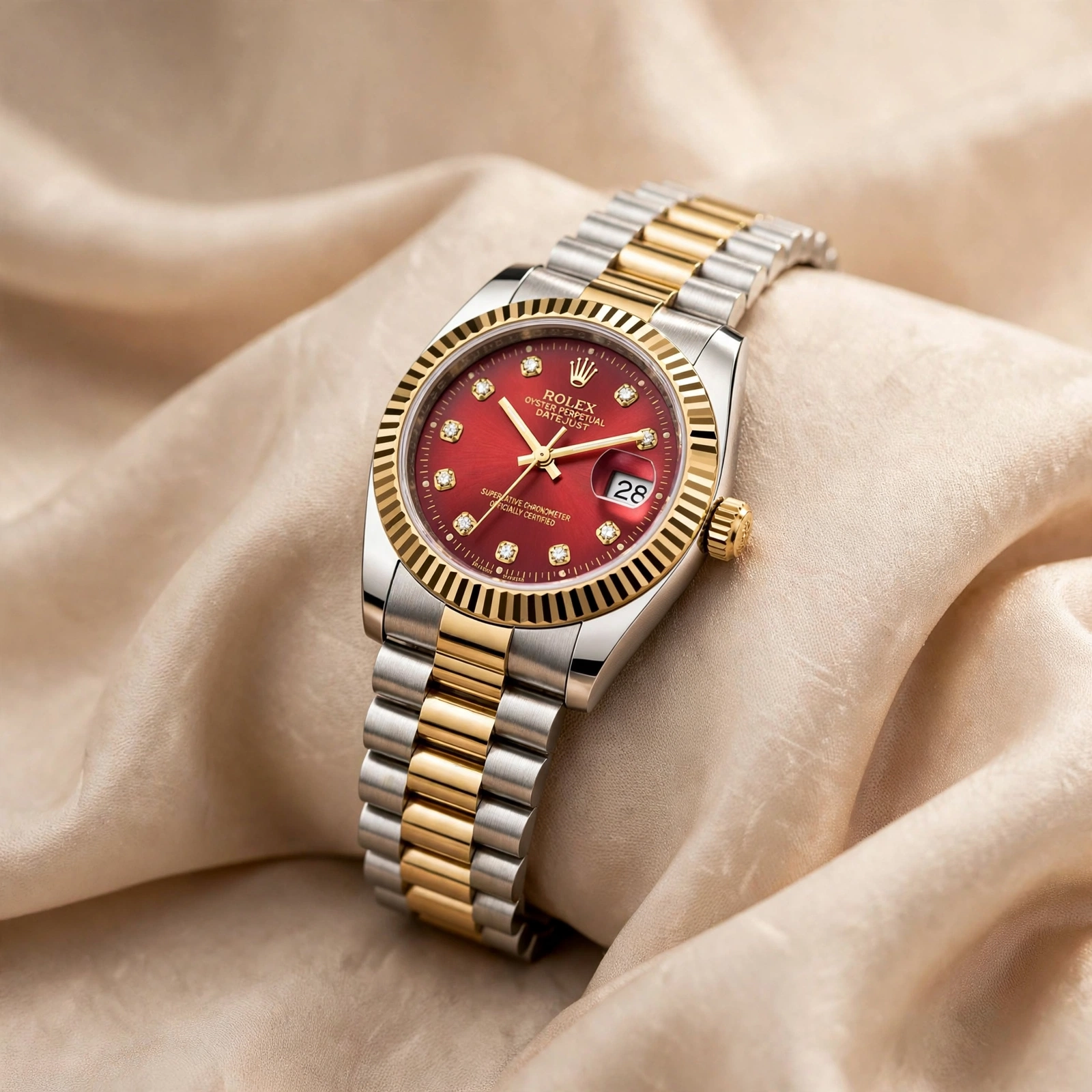 Two Tone Rolex Red Dial Watch