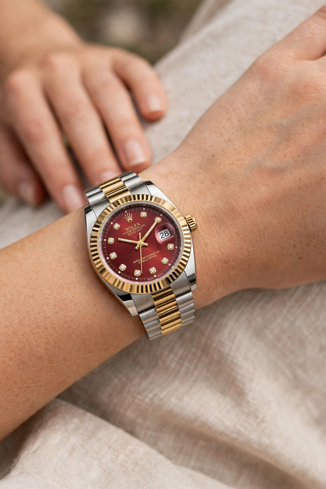 Two Tone Rolex Red Dial Watch