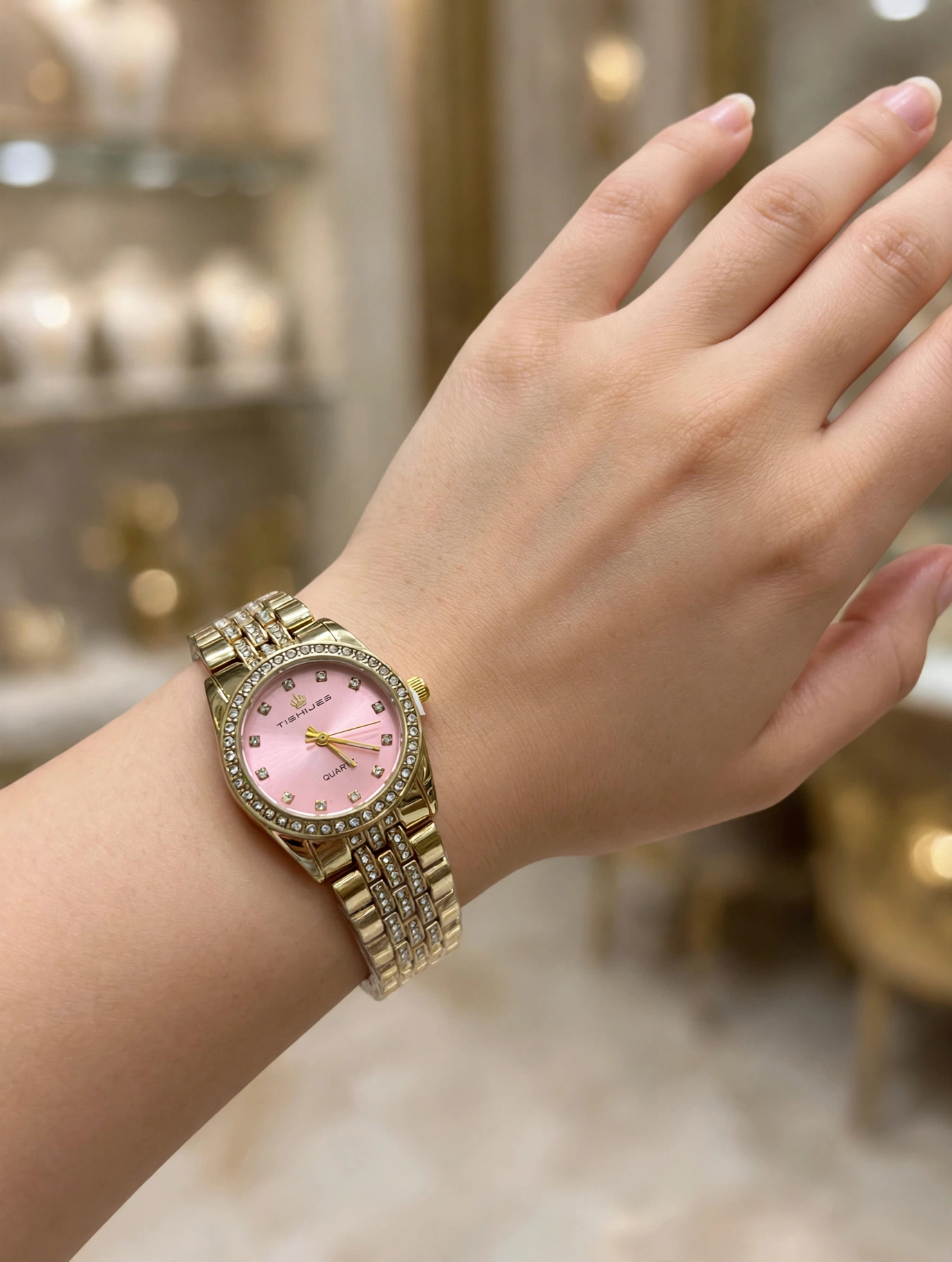 Pink Crystal Gold Watch TishiJes