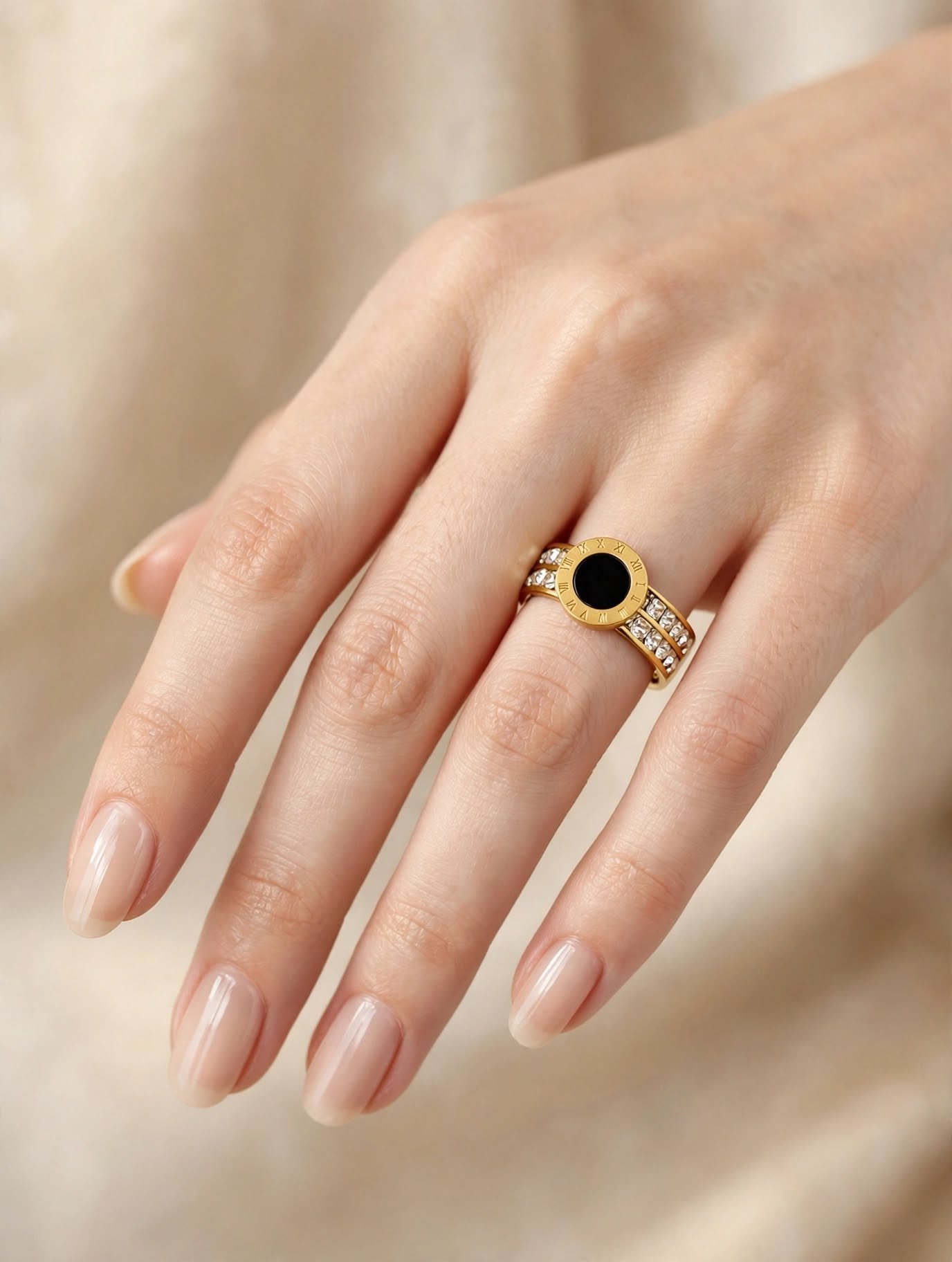 Noir Roman Ring - Black Onyx with Roman Numerals & Crystal Band | MS Jewelry