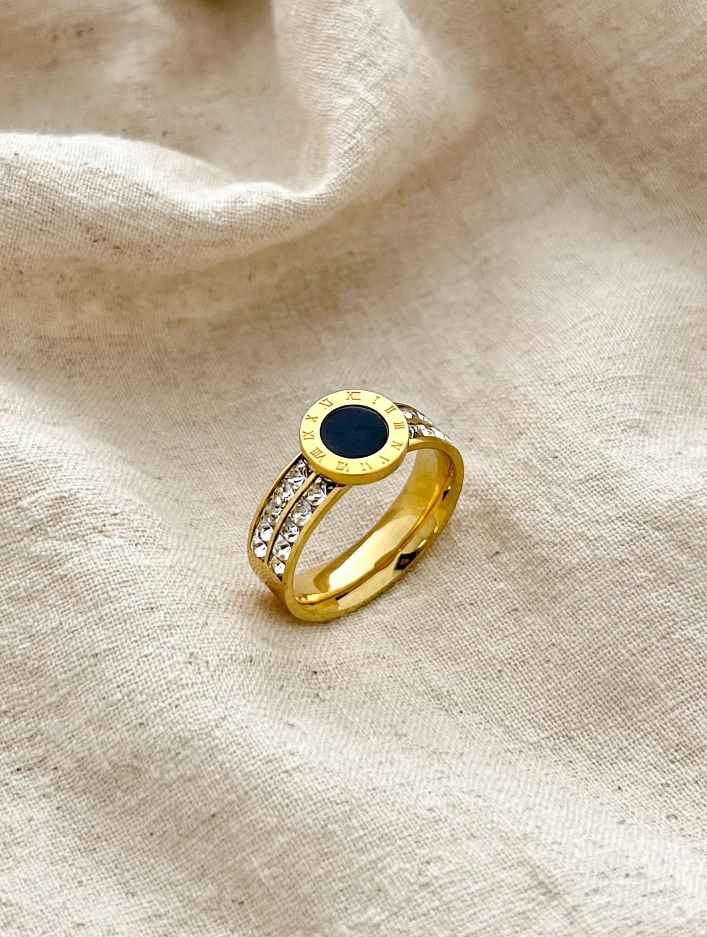Noir Roman Ring - Black Onyx with Roman Numerals & Crystal Band | MS Jewelry