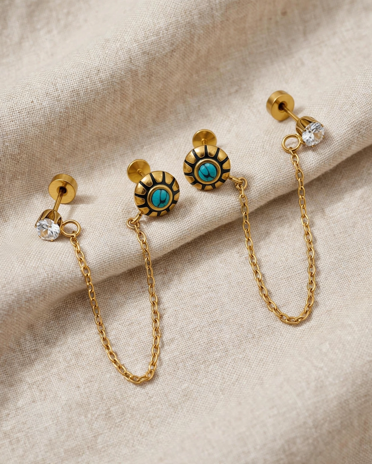 Gold Sunburst Turquoise & Crystal Double Chain Stud Earrings