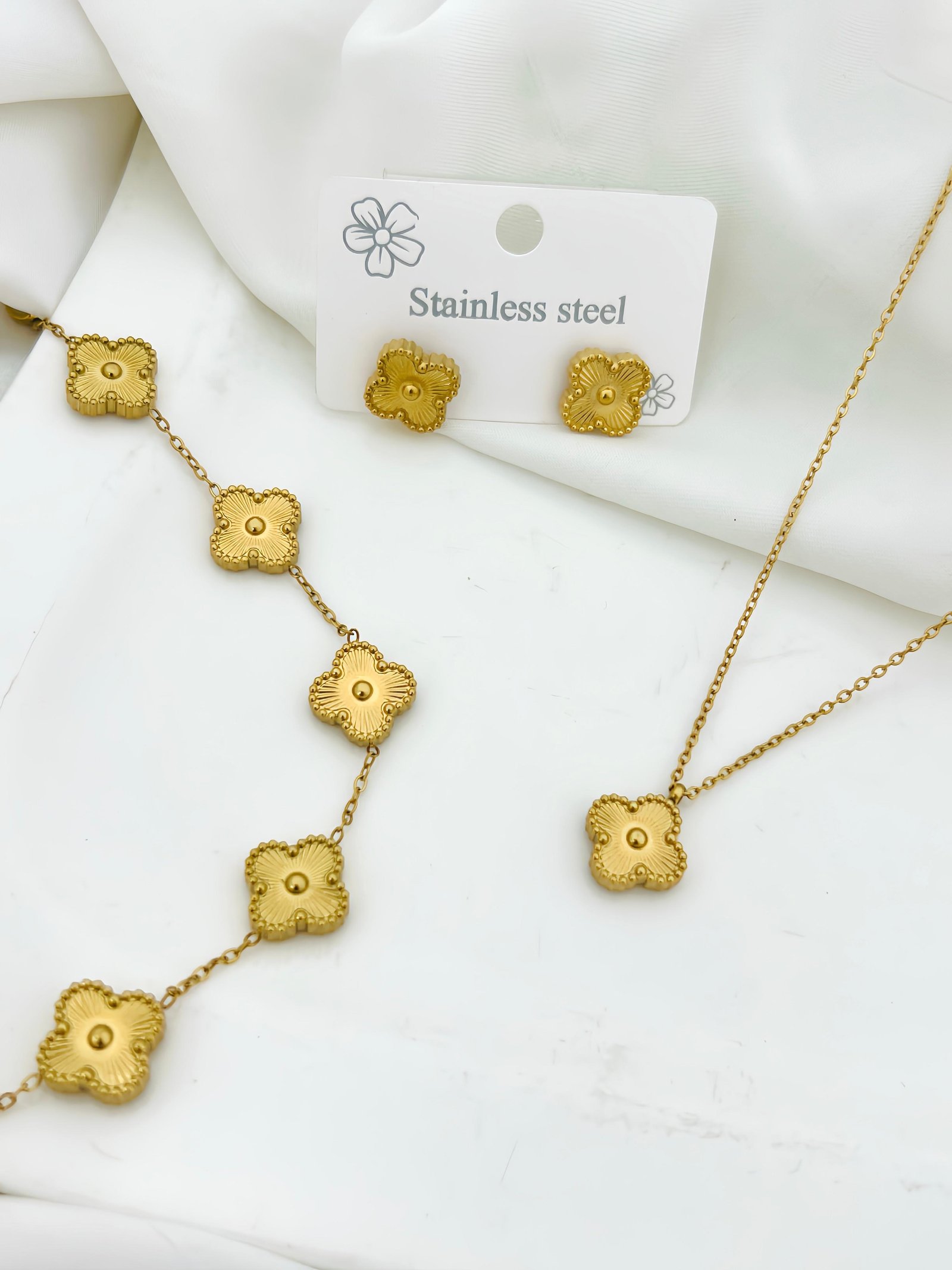 Lucky Clover 3-in-1 Jewelry Set - Gold Flower Necklace, Bracelet & Earrings | MS Jewelry